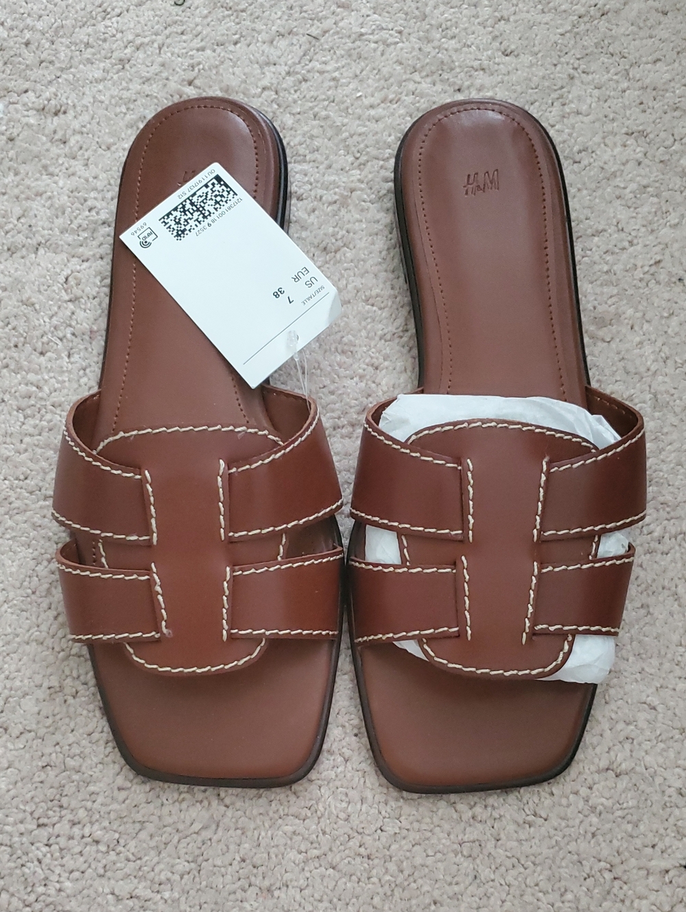 H&M Brown Leather Slide Mules with Contrast Stitching